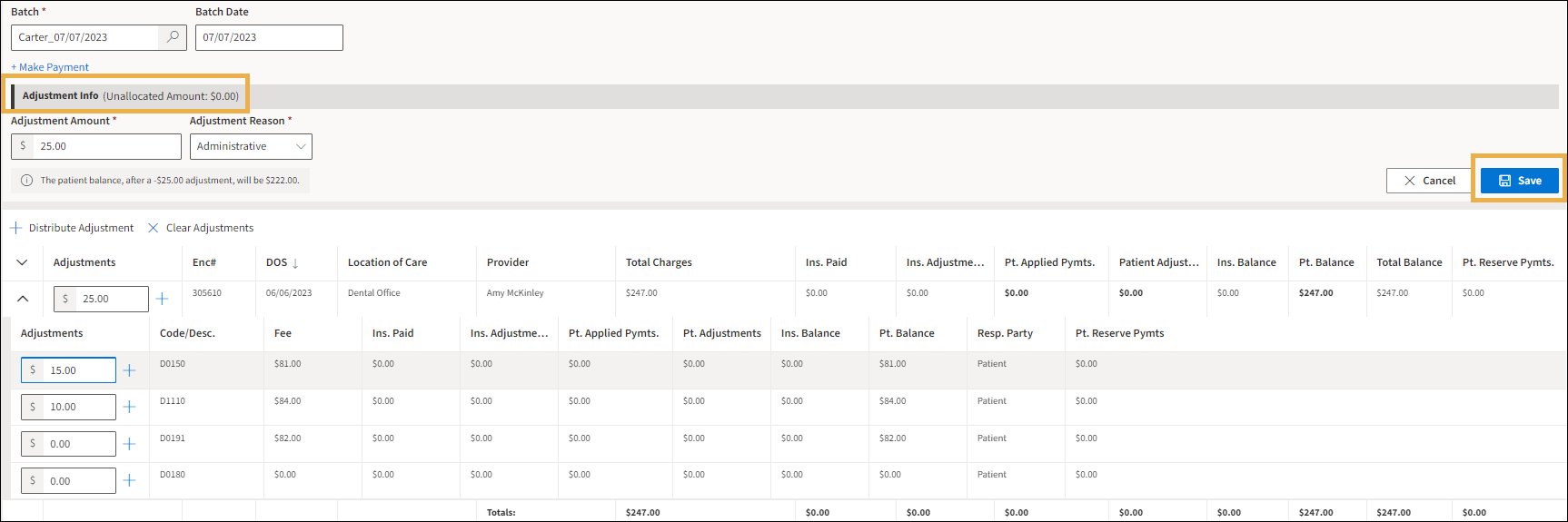 Adjustment View with yellow highlight boxes around the unallocated amount section and the blue save button.